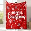 Red Background White Snowflakes Merry Christmas Script Fleece Blanket For Classic Holiday Vibe Lightweight Plush Throw Blanket