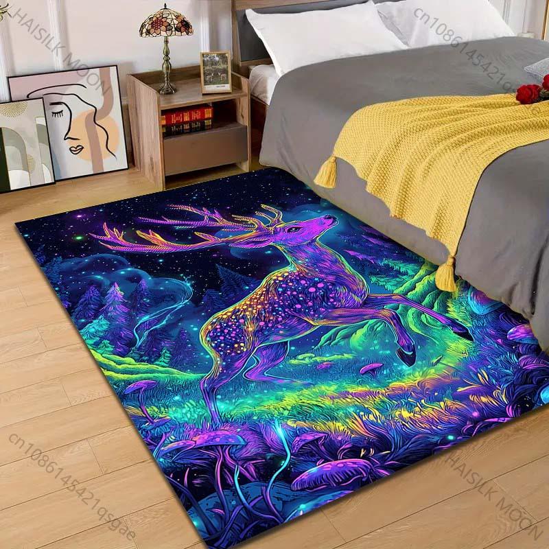 1PC Colorful deer in magical forest Print Carpet Rug for Living Room Bedroom Sofa Doormat Home Decor Non-slip Floor Mat