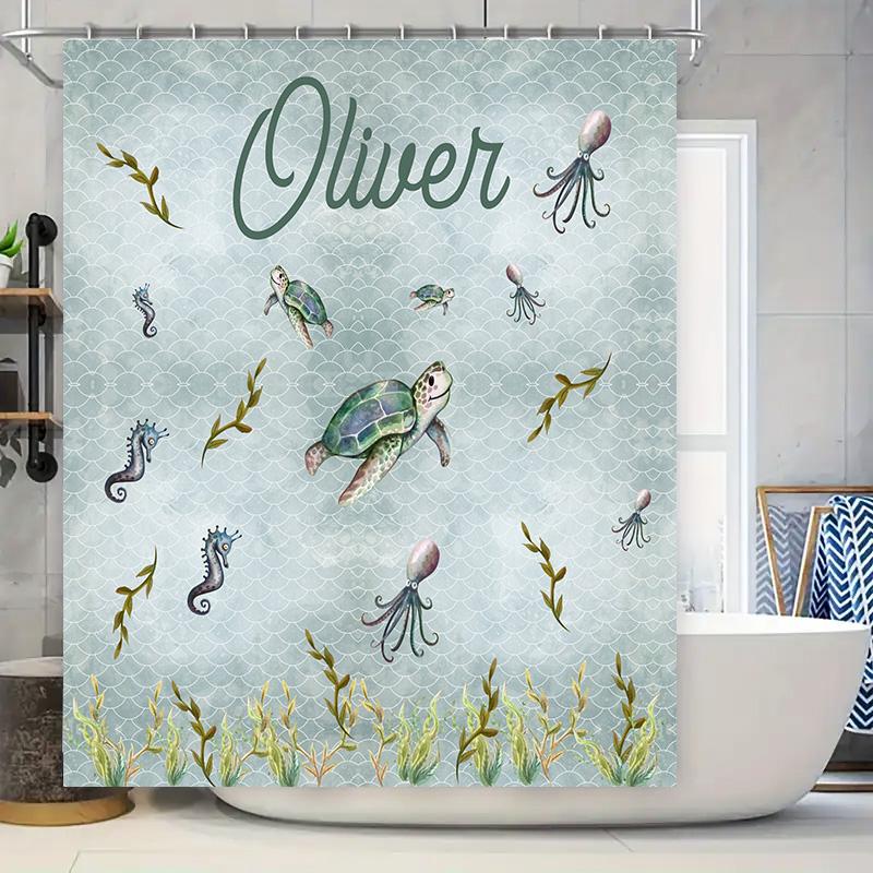 

Blue Tinted Underwater Sea Life Print Shower Curtain With Name Personalization For Children S Bathroom Decor Olive Edition W60H190(CM)-1 Pcs