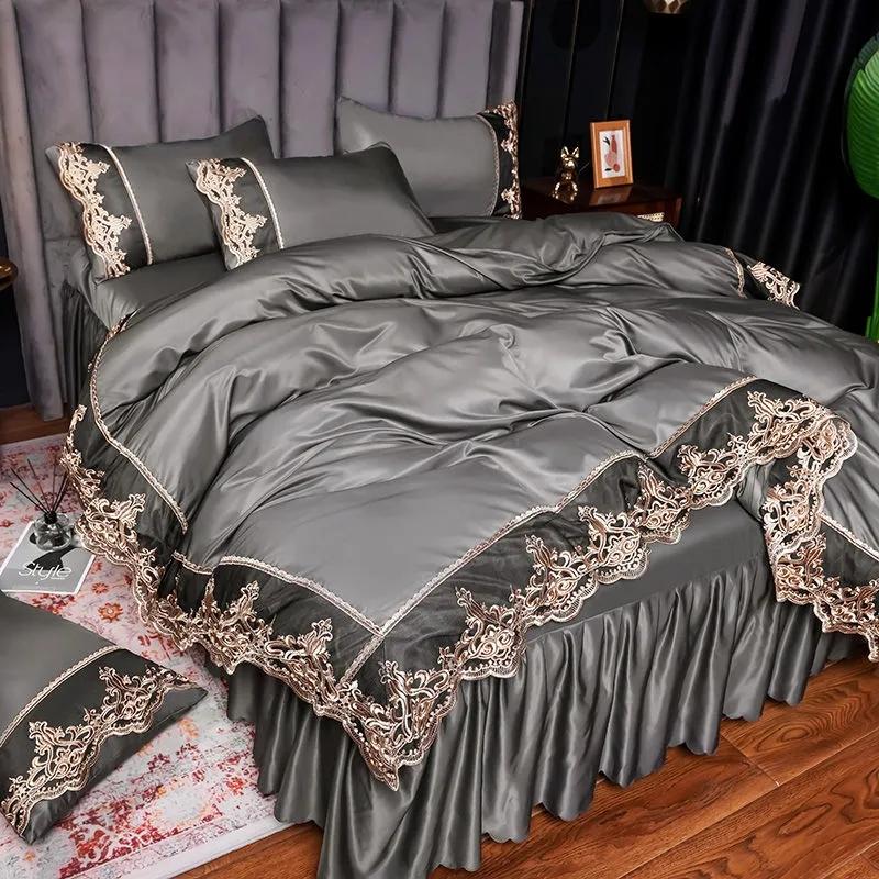 European Style Bed Skirt Four-piece Suit Non-slip Lace Bedspread Thicken Sanding Lace Quilt Cover Pillowcase Bed Linings
