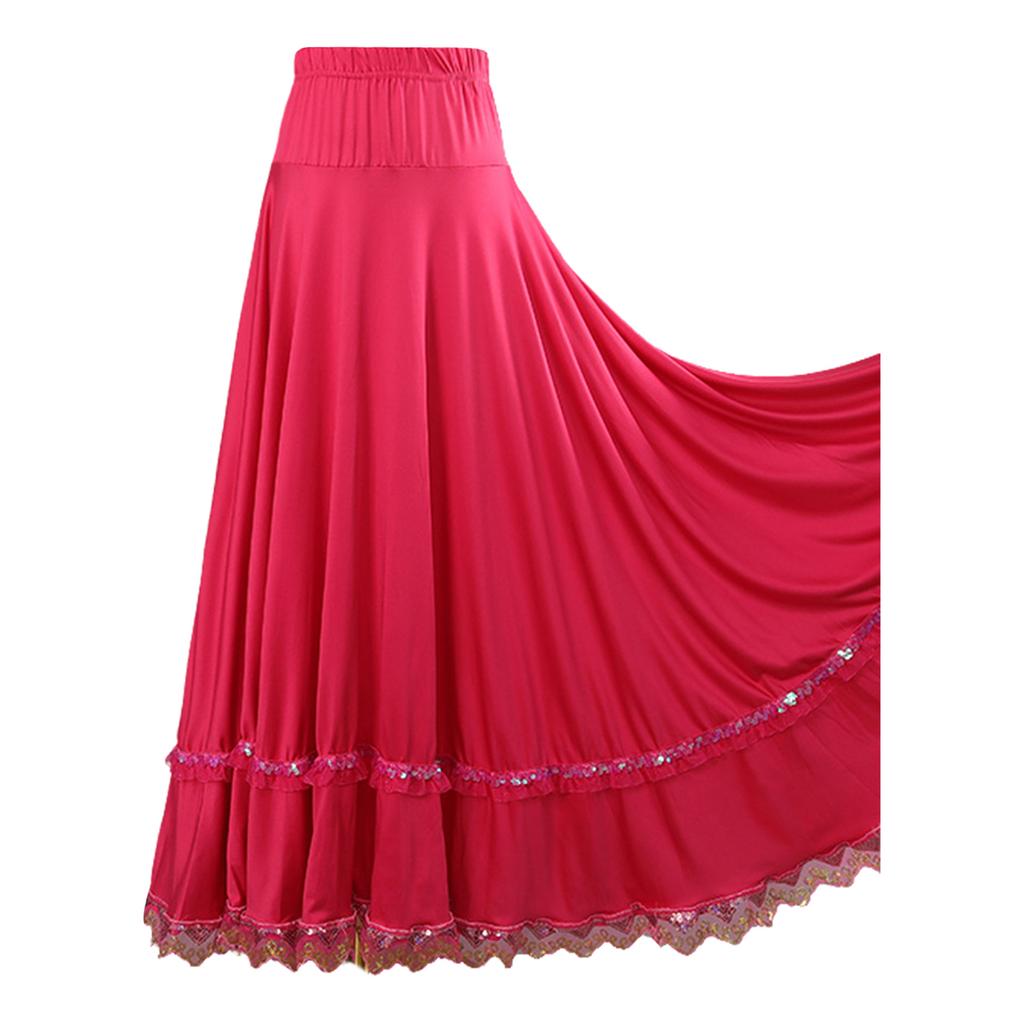 Gonna da ballo a ruota intera professionale per donna: Vita Alta Elastica con Bordino in Pizzo Arricciato per Quadriglia, Ballo da Sala & Flamenco