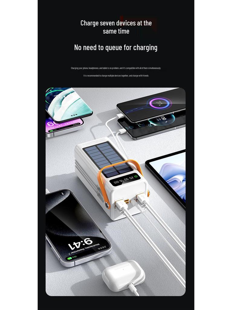 Large-Capacity 120W Solar Power Bank with 100,000mAh and Built-in Fast Charging Cable for Outdoor Use