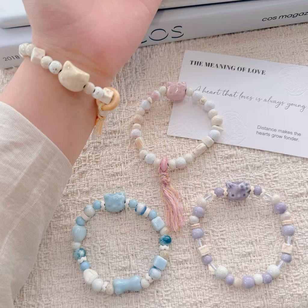 Macaron Ceramic Cat Bracelet - Mori Style Adjustable Woven Bracelet for Soft Girls