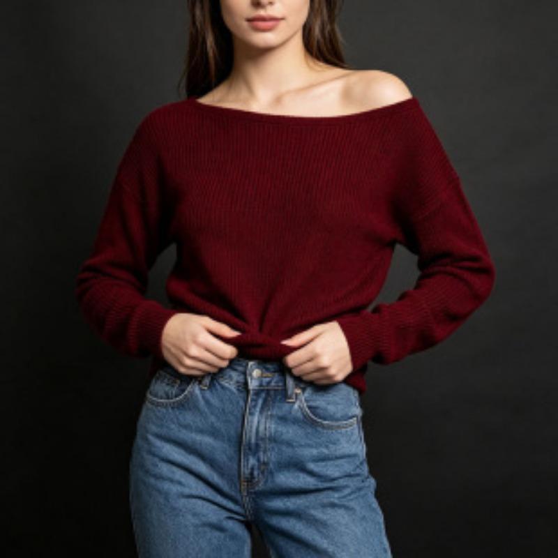 Damen S Langarm Strickpullover Schulterfrei Schleife Figurbetont Herbst Winter