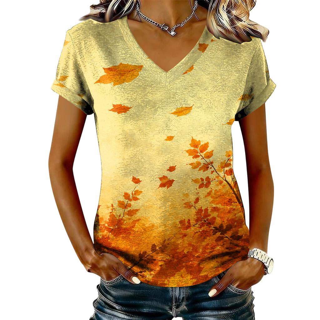 Women's V-Neck Short Sleeve Top with Maple Leaf Print for Casual Everyday Wear