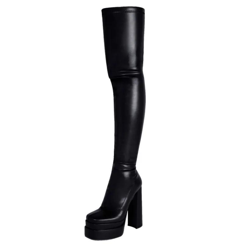 Fashion New Autumn Winter Waterproof Table Elastic Over The Knee Boots European American Elegant Black Slim Fit Women's Boots Size 46