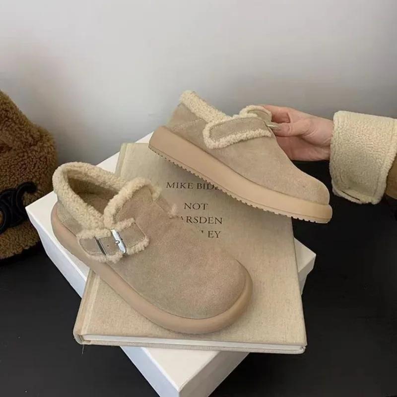 Fashion 2025 Frosted Leather Thick-soled Brown Velvet Boken Shoes Autumn Winter Snow Boots Women's Cotton Sneakers Wear Fluffy Mary Jane