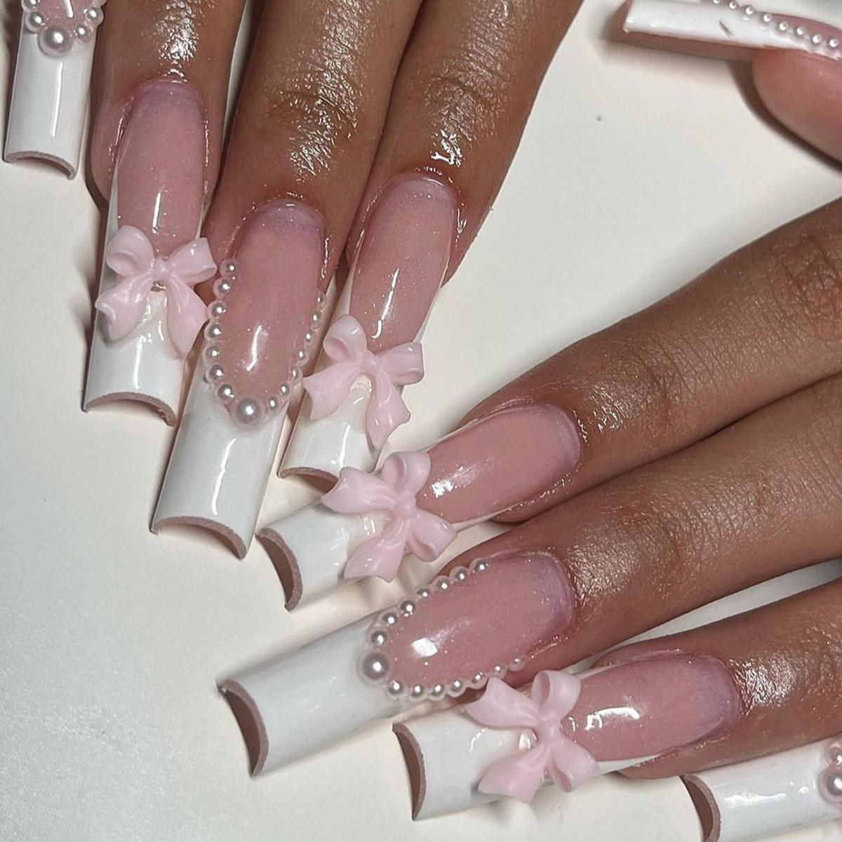 

French White Pearl Bow Manicure Removable False Nails