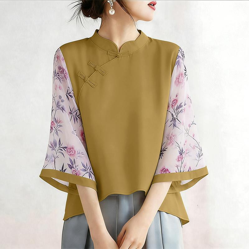 ZANZEA Damen Freizeit Print Transparent Einsatz 3/4 Ärmel Stehkragen Bluse