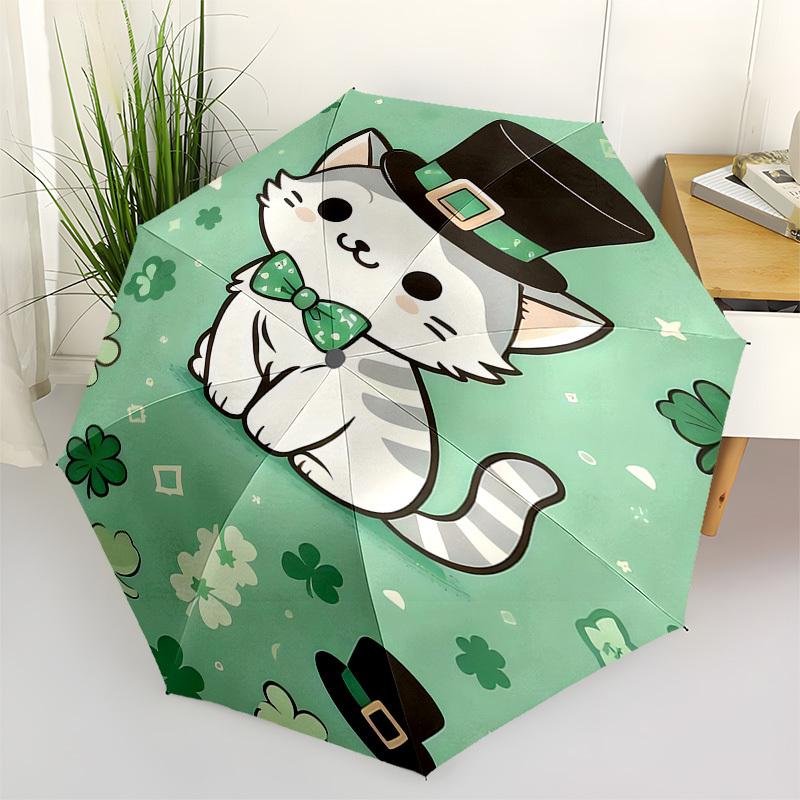 1pc cat shamrock umbrella automatic open/close, 8-Rib Durable Frame, Compact Folding Design, Ideal Birthday/Holiday Gift 1150A