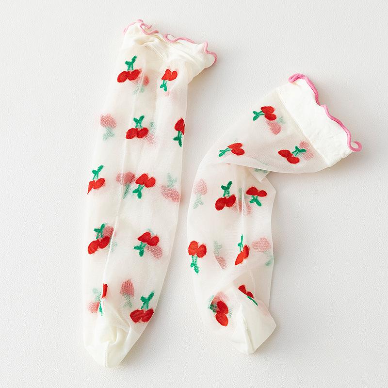Dünne Strümpfe mit Fruchtdruck und gerollten Kanten für Damen Erdbeere Niedlich Lolita JK Kristallstrümpfe