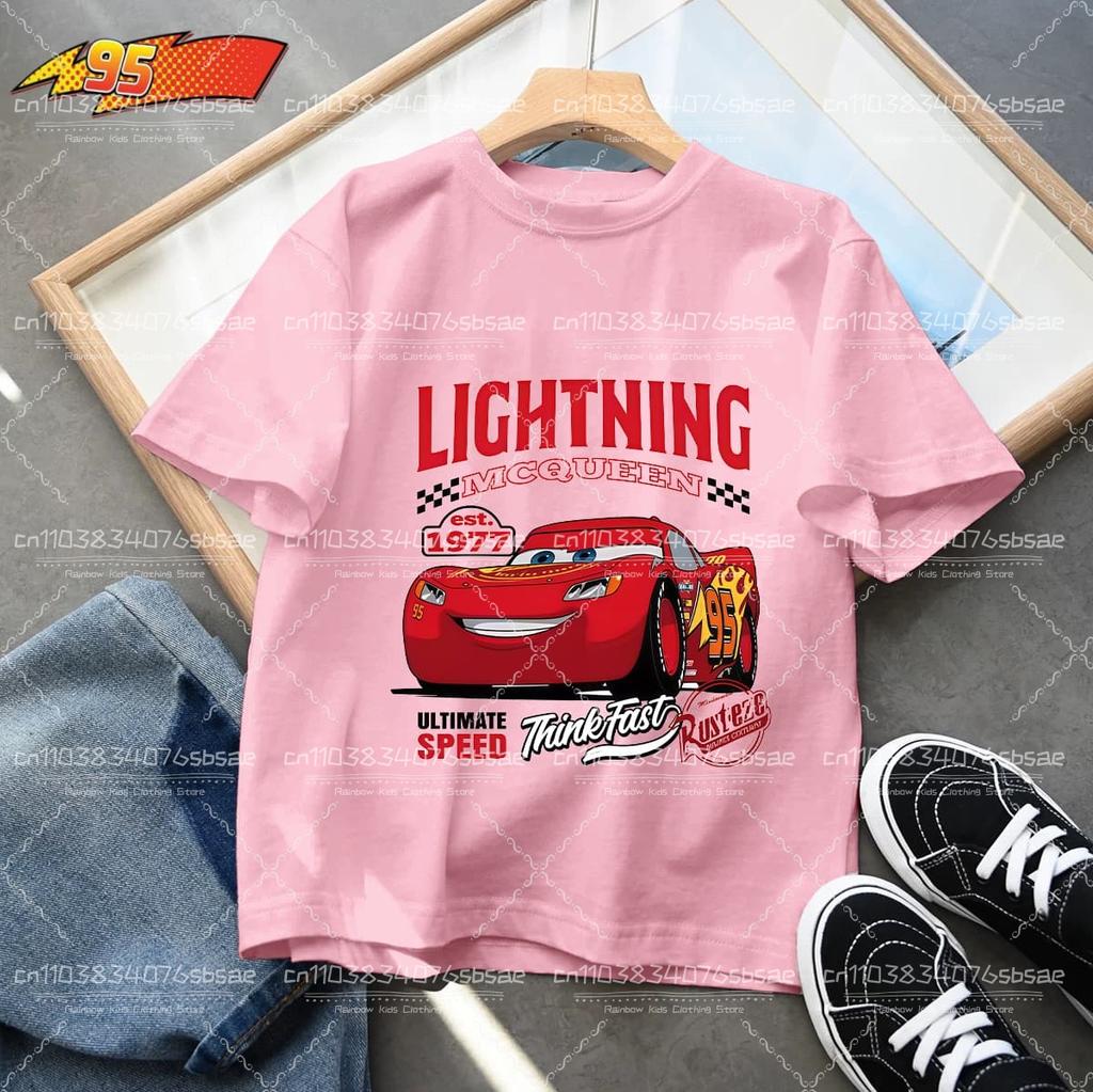 2026 Summer Kids T-shirt Short Sleeve Top Cartoon Cars Pixar Lightning McQueen Printed Boys Clothes Baby Tops 4-10 Years