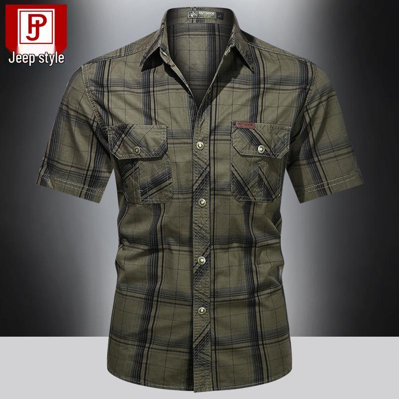 2023 Summer Men's Plus Size Cotton Short Sleeve Plaid Shirt - Loose, Casual, for Middle-Aged & Young