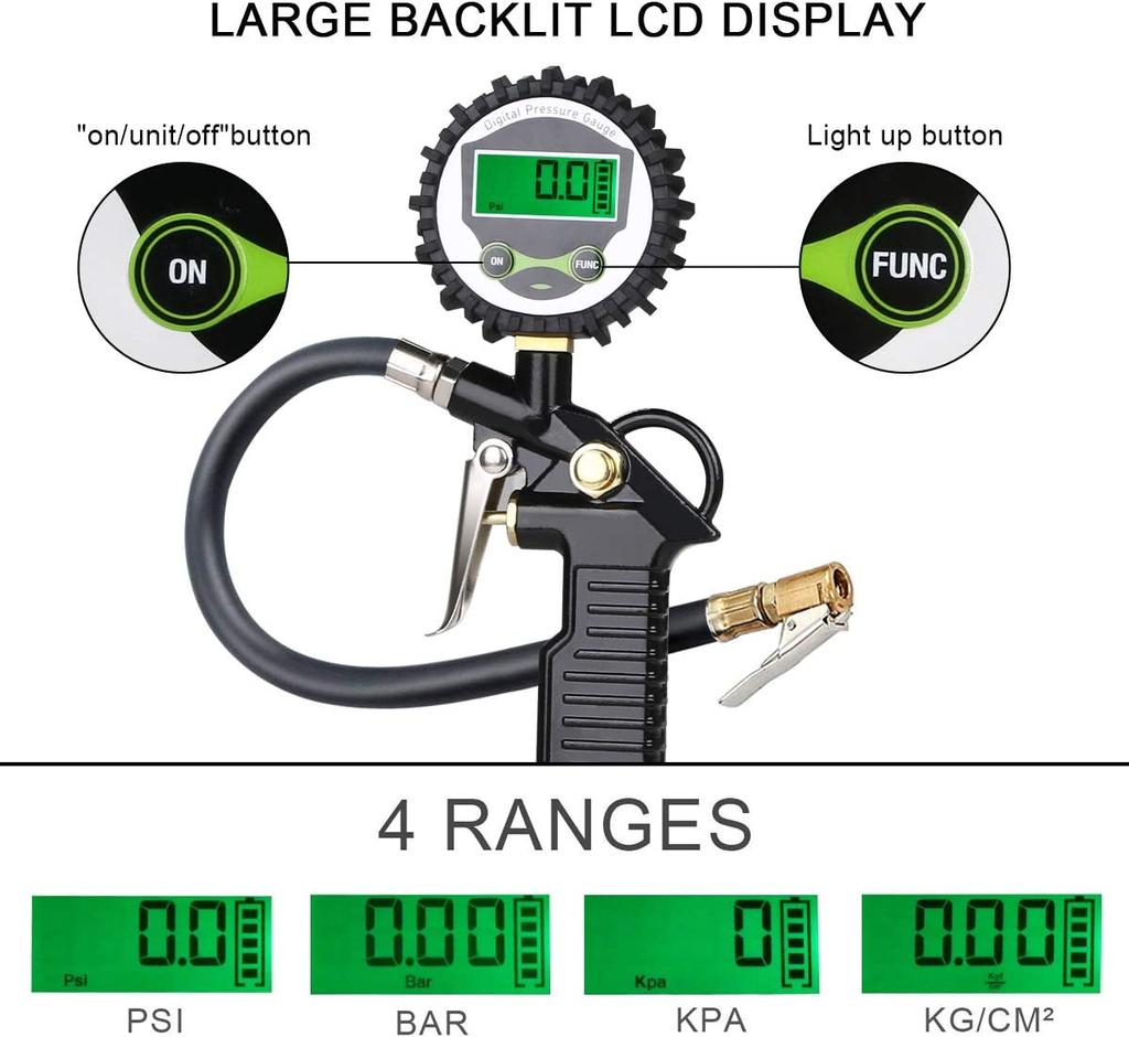 2023 EU dekktrykkmåler, digital dekkpumpe med trykkmåler 200 PSI digital LCD-skjerm, 90 graders ventilforlenger