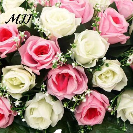 Long-lasting Memorial Flowers Artificial Cemetery Headstone Flower Saddle 34-Head Realistic UV-Resistant Fake Outdoor Bouquet Silk Rose Tombstone