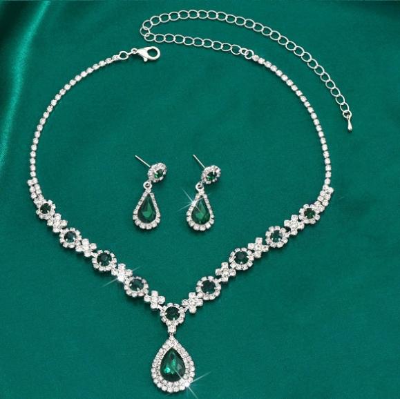 Set Earrings Necklace Wedding Silver Elegant Emerald Zircons B23