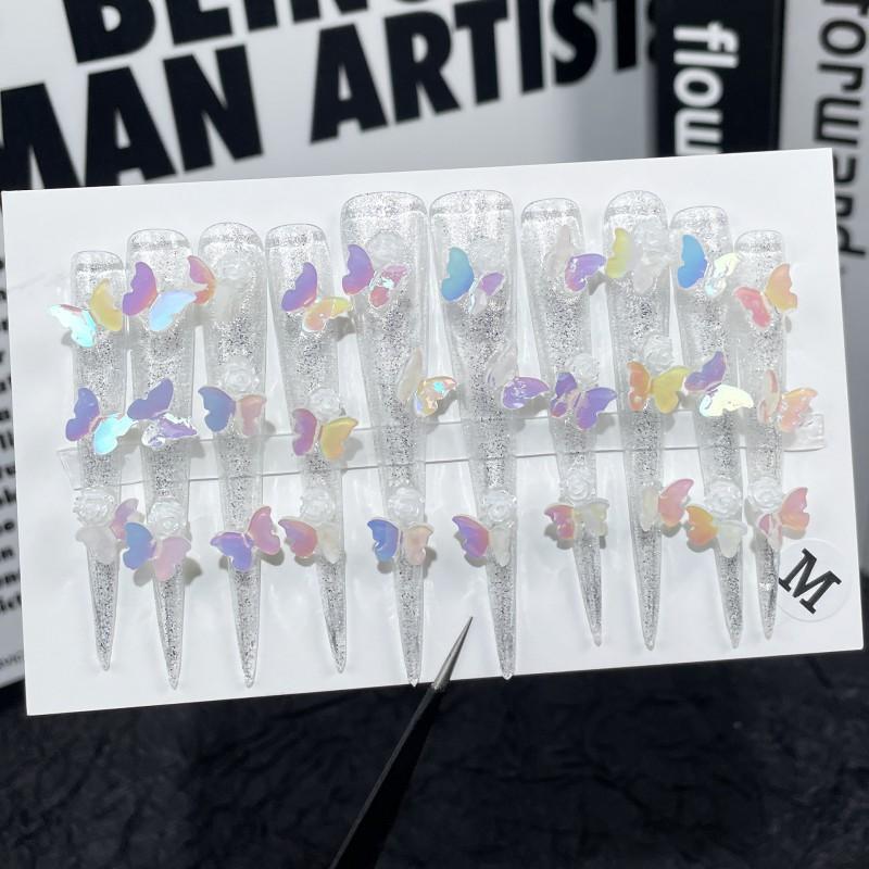 Long Stiletto Press-On Nails Ice Clear Glitter Butterfly Starflower Design Handmade Fake Women Extra Small