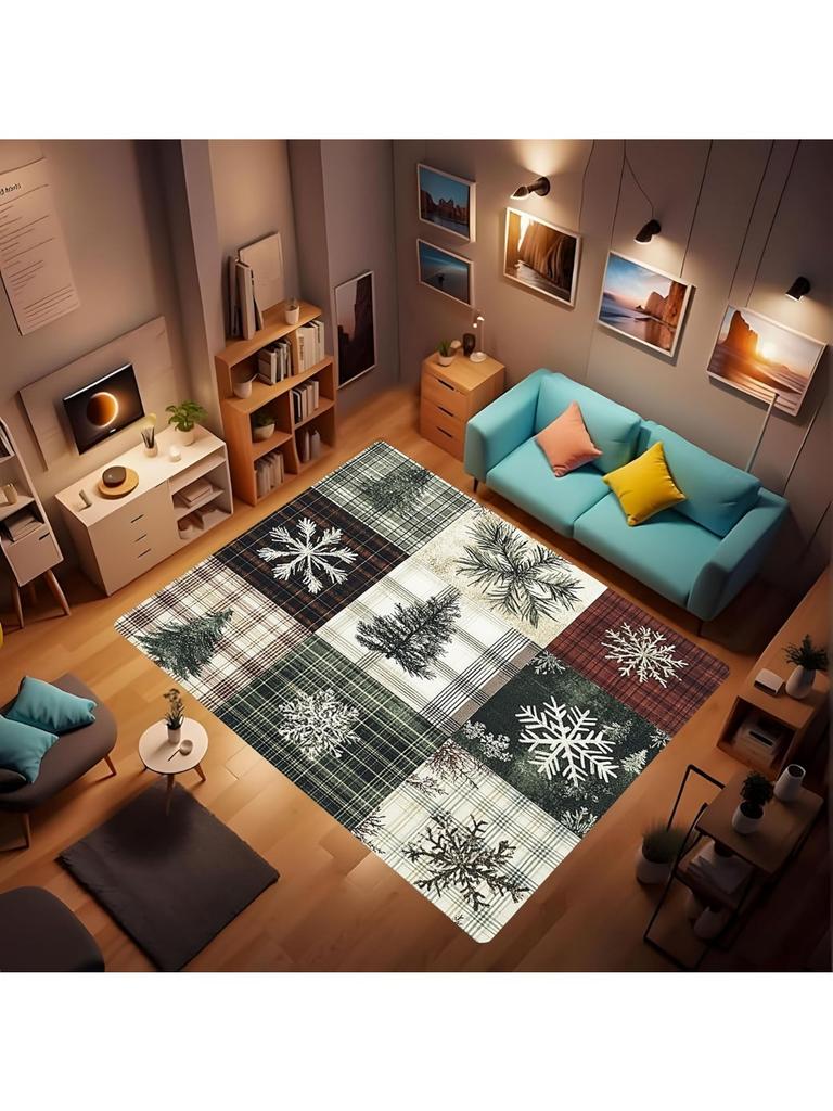 Area Rugs - Plaid Washable Carpet for Living Room Bedroom, Holiday Decor Christmas Rug, Christmas Tree Snowflake Winter Rug