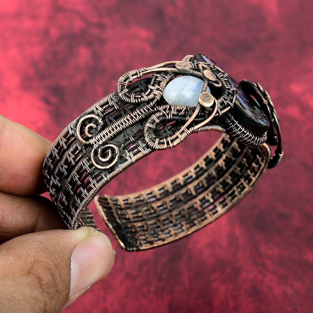 Abalone Shell Cuff Bracelet Copper Wire Wrapped Rainbow Moonstone Bangle Adjustable Gemstone Bangle Handmade Copper Jewelry Engagement Gifts