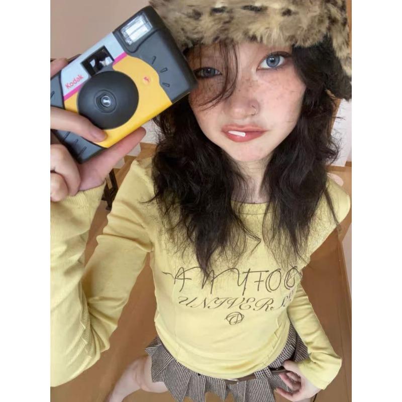 Y2k Yellow T-shirt Japanese Harajuku Tee Shirt  Letter Print Long Sleeve T-shirt E-girl Streetwear Top For Women