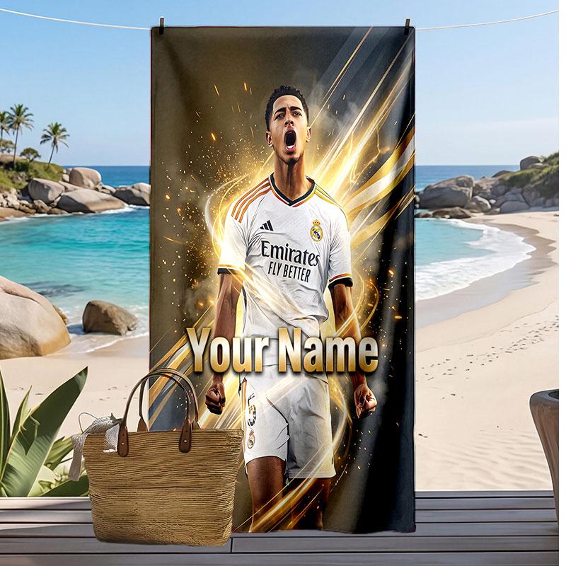 Asciugamano da Spiaggia Personalizzato Stampato Jude Bellingham Logo Calcio Supporto Nome Personalizzato Testo Asciugamano Assorbente Per Sport Viaggio Regalo Speciale