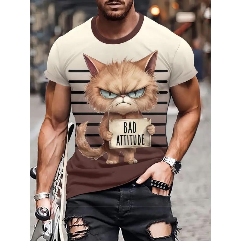 Cartoon Men's T-shirt Cat Pattern Print Summer Casual Short Sleeve T-shirt Street Round Neck Short Sleeve Top Oversized Clothing