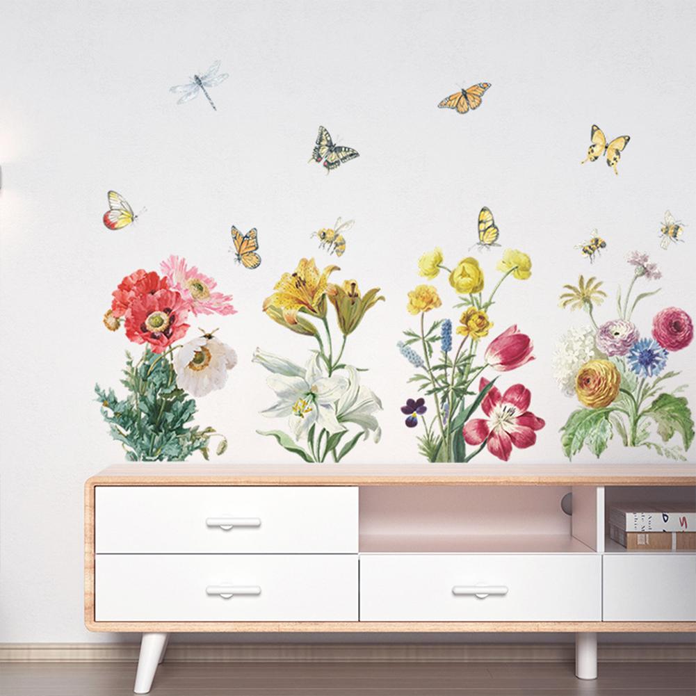 Wall Sticker, Bright Flower Green Leaf Cluster Colored Butterflies Decoration Painting, Bedroom Entrance Diy Self-adhesive Art Decor Decals