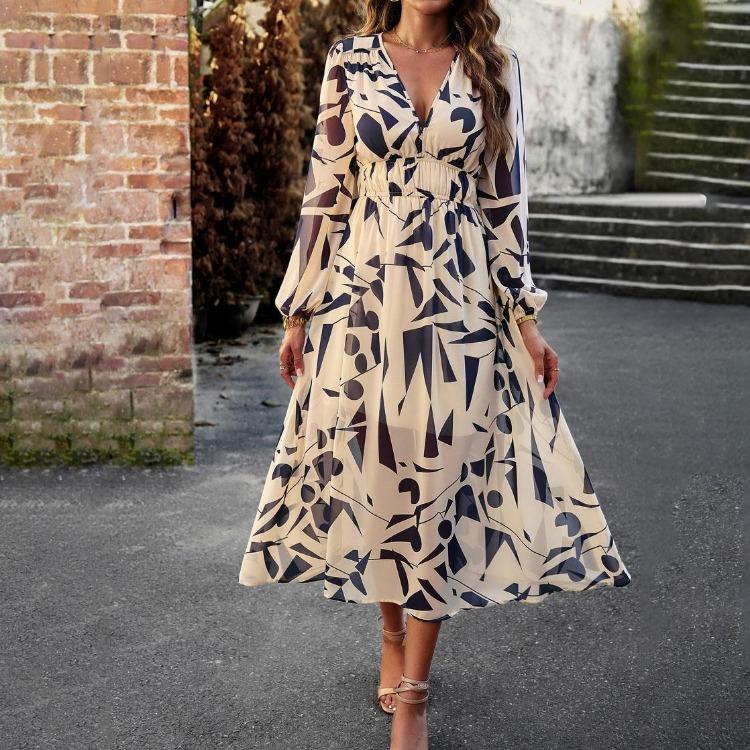 Autumn Winter Women Casual Dress Long Sleeve V Neck Print A Line Knee Length High Waist