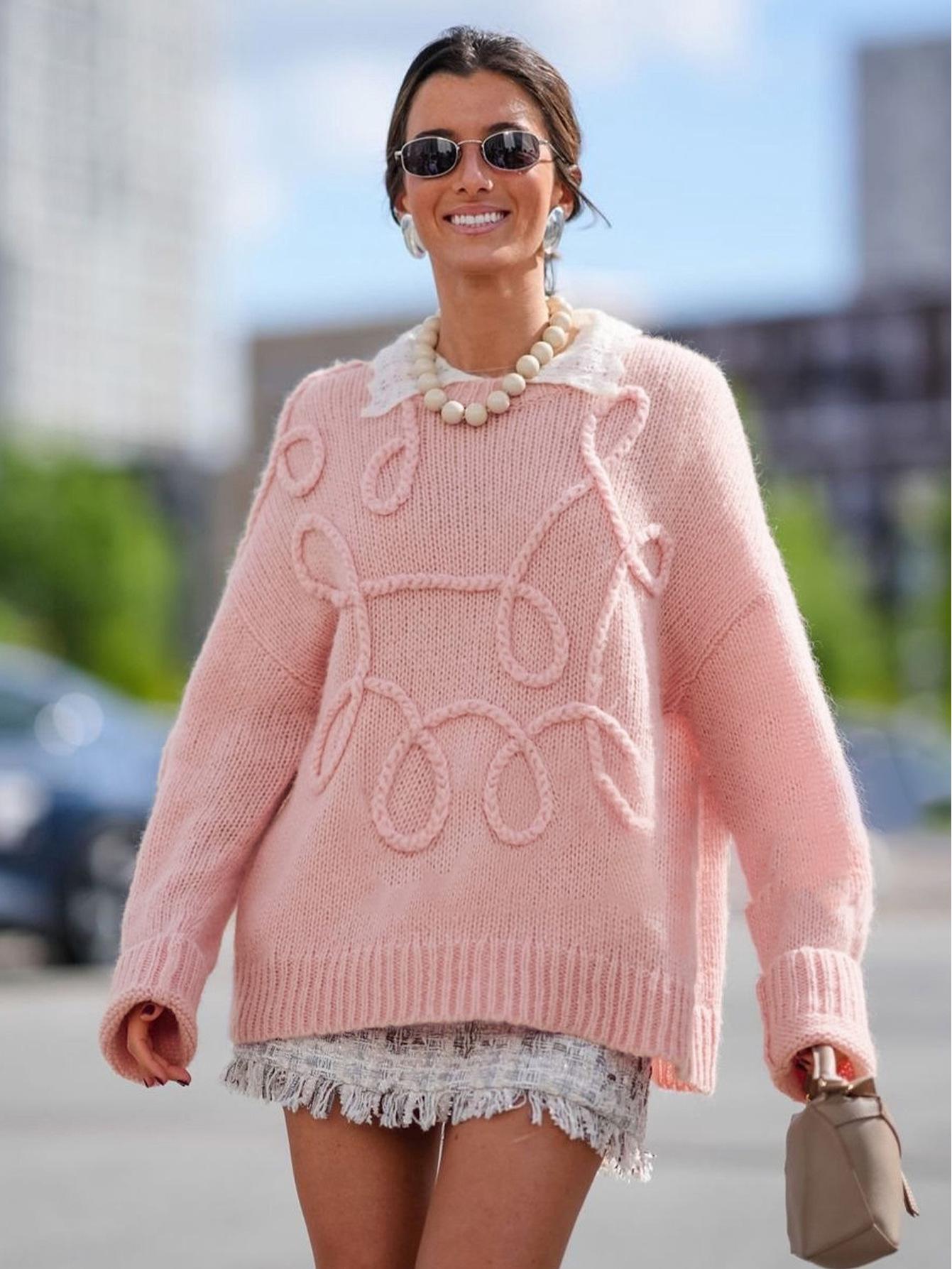 

Осенний однотонный шерстяной свитер 2024 года: Уютный трикотаж с длинными рукавами и асимметричной вышивкой для стильных поездок на работу Small розовый