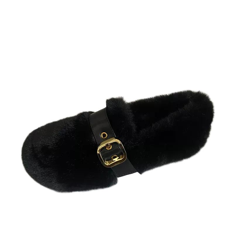 Söta fluffiga skor med platt botten ytterkläder dam 2025 nya koreanska versionen ins minkhår spänne bomullsmössa skor dam