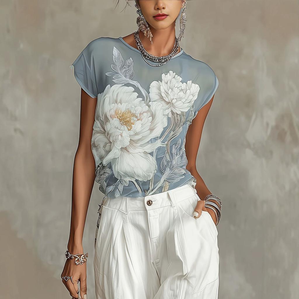 New European and American summer flower print short-sleeved t-shirt top