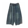 Pantaloni largi din denim brodat de vară pentru femei, elastici, largi, casual, stil vintage, pantaloni nouă sferturi, de damă