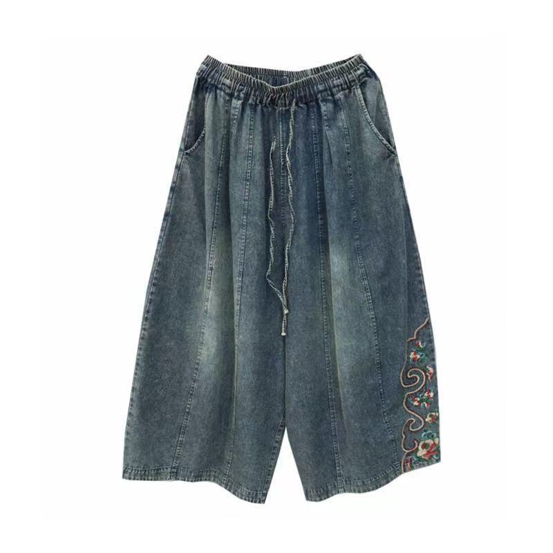 Summer Embroidered Denim Wide Leg Pants for Women Elastic Loose Casual Vintage Style Nine Cent Pants Female