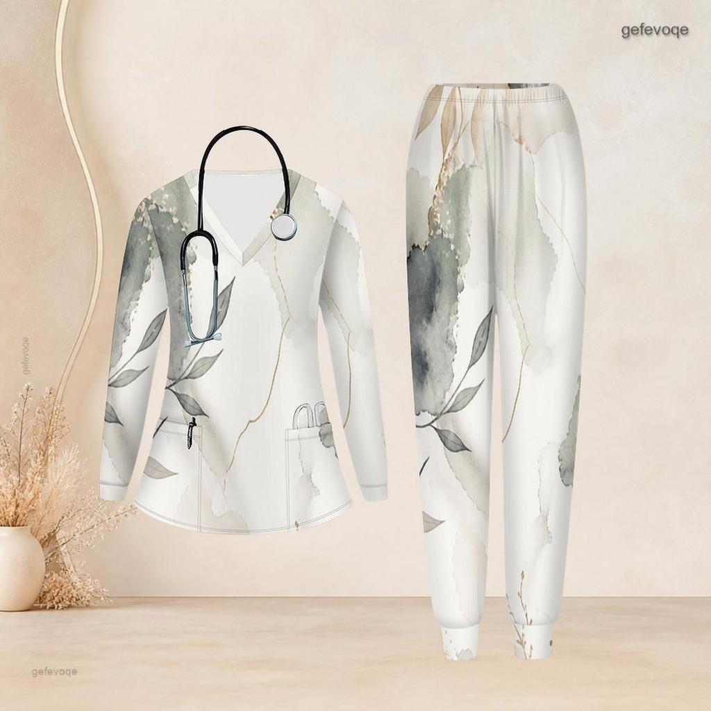 Women Plus Size Abstract Printed V Neck Long Sleeve Nurse Scrub Set With Pockets Two Piece