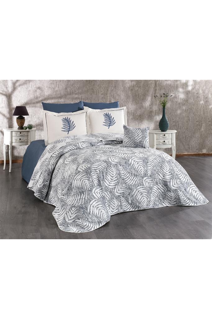 Palm Chenille Bedspread Set 245x255, Bed Sheet 240x260, Cotton, Cream - Gray