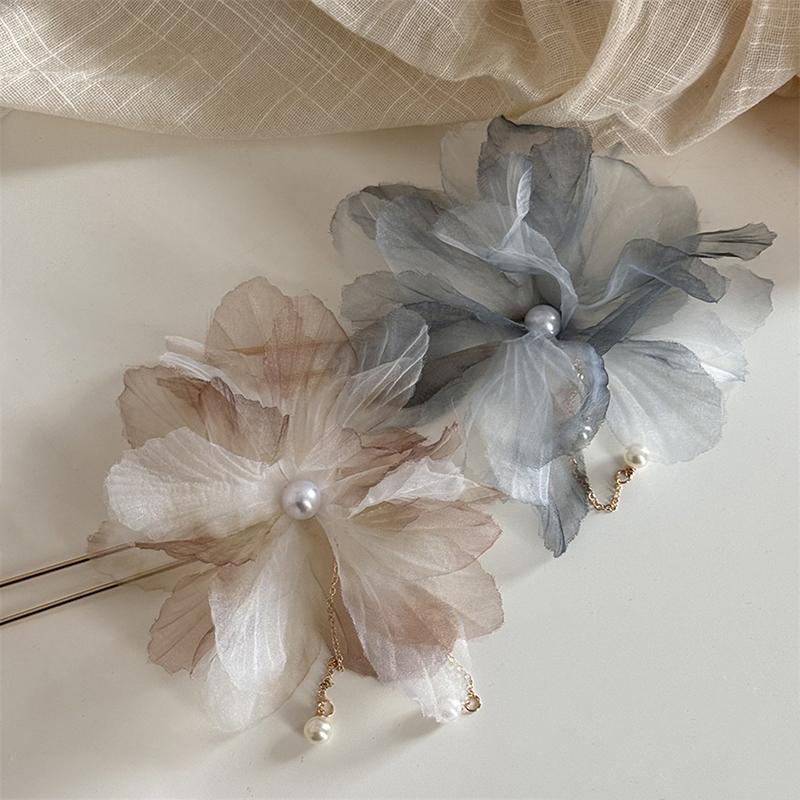 Korean Antique Chiffon Flower Pearl Tassel Hair Stick U-Shaped Hair Clip Temperament Chinese Style Hairpin For Women Headwear
