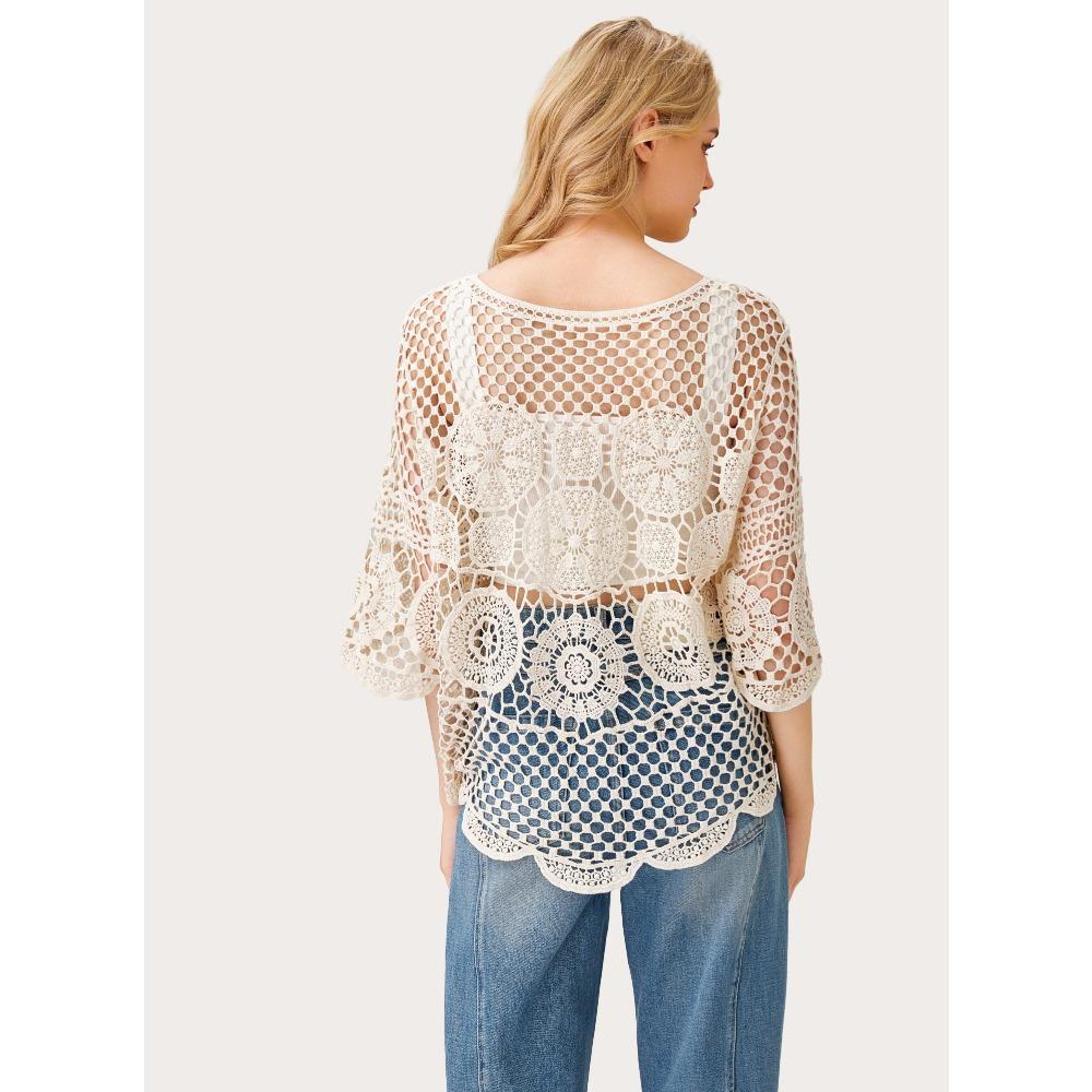 DIMANAF 2026 New Tees Summer Women Beach T-Shirt Basic Fashion Tops Lace Tees Casual Loose White