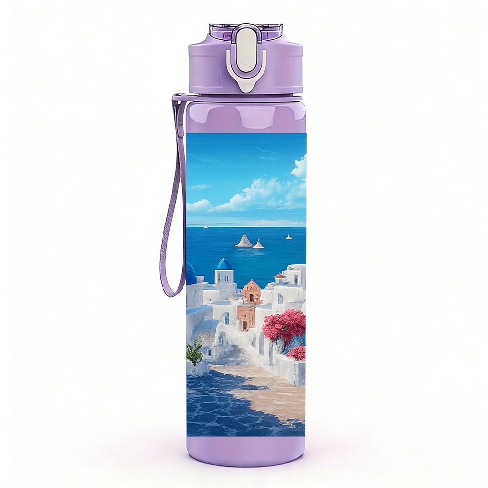 1PC Santorini Blue White Building Print 750ml Color Plastic Sports Water Bottle Leakproof Flip Straw Lid Suitable for Sports Office Home Use