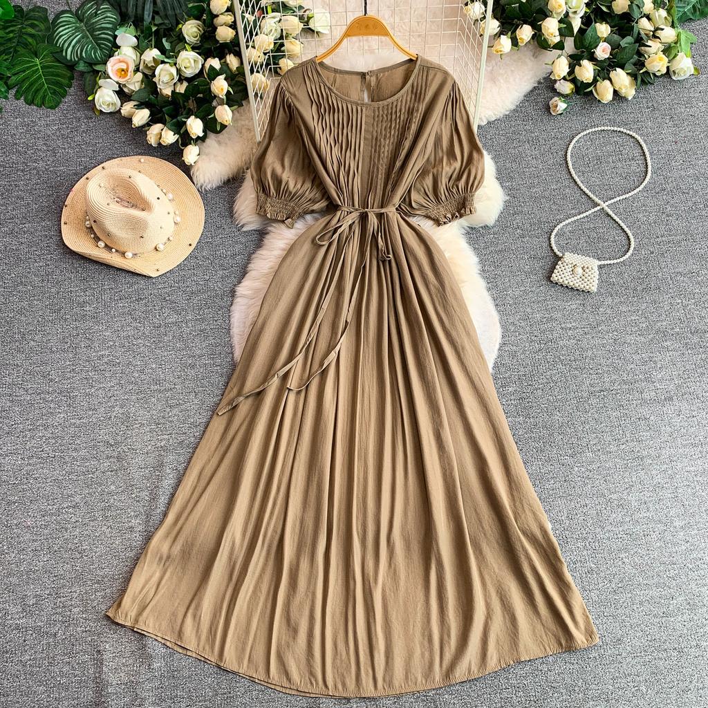 French gentle wind temperament pleated round neck lantern sleeve dress women's summer waist thin ankle dress
