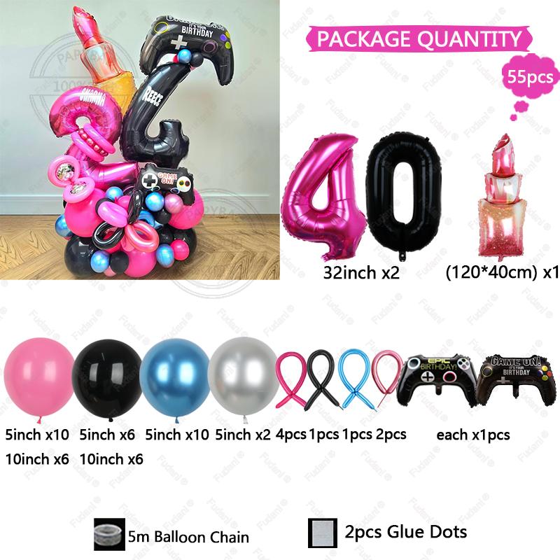 54pcs Red Lips Game Control Handle Black 1-9 Foil Digital Balloons Childrens Birthday Toys Party Decor Game Theme Party Supplies