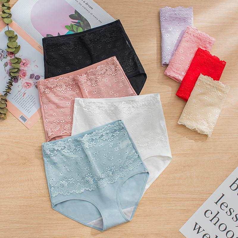 5pcs/pack High Waist Briefs Panties Women Sexy Lace Underwear Plus Size Bamboo Cotton Panties