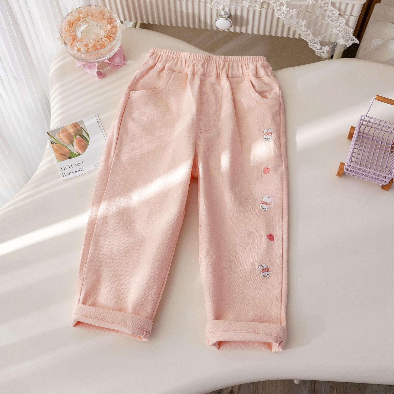 

Брюки для девочек Весна и Осень Милая вышивка с кроликом Повседневные брюки Универсальные брюки Харлан Корейская модная модель 130 розовый