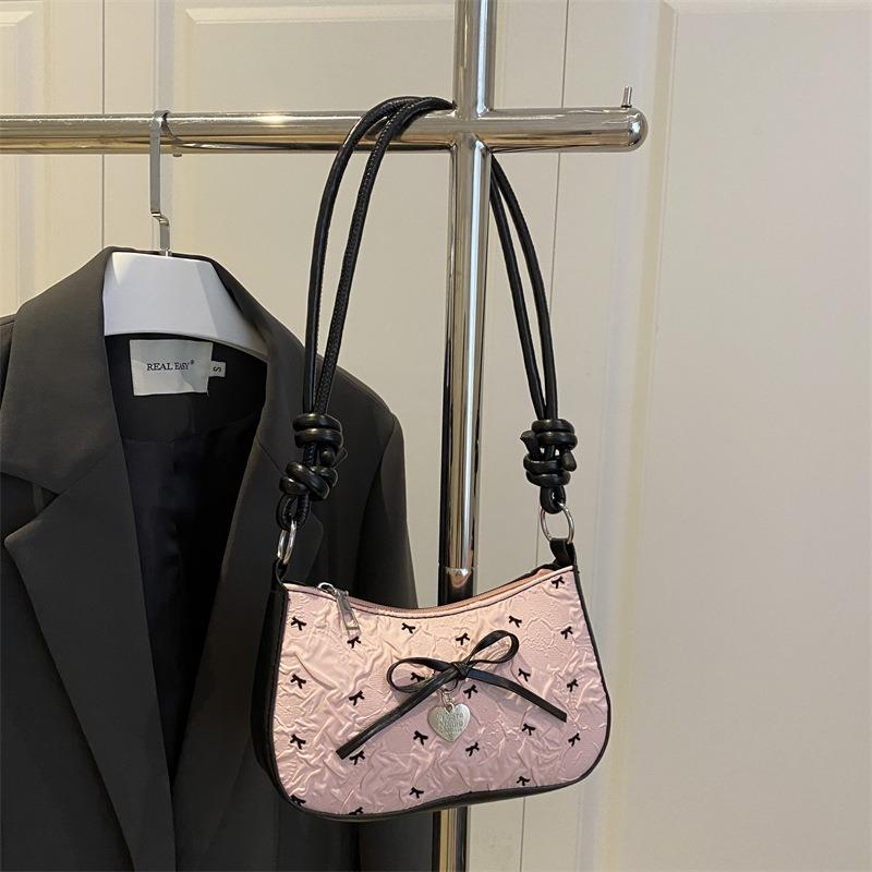 Pink Bow Crescent Armpit Bag Women's Summer New High-end Light Luxury Niche Shoulder Small Square Bag