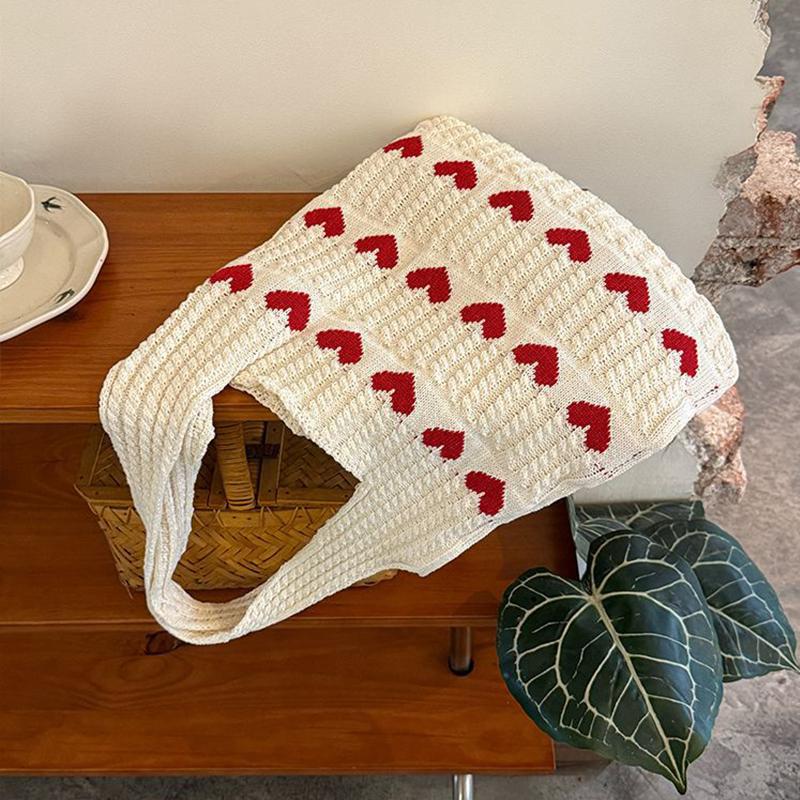 Fashi Heart Shape Pattern Knit Tote Bag Retro Women's Handbag Large Capacity Female Woven Shopper Purse Travel Bag