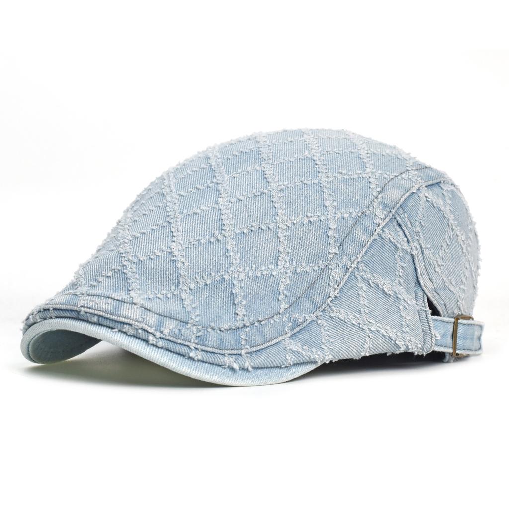 Denim Lattice Beret Hat Washed Distressed Peaked Cap Adjustable Cotton Newsboy Cap Vintage Ivy Gatsby Cabbie Hats Flat Cap