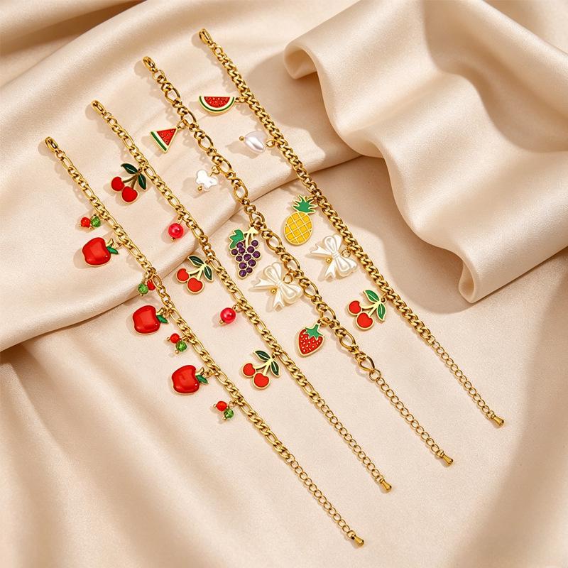 Stainless Steel Bracelet with 18K Gold-Plated Fruit Pendants and European Pastoral Charm