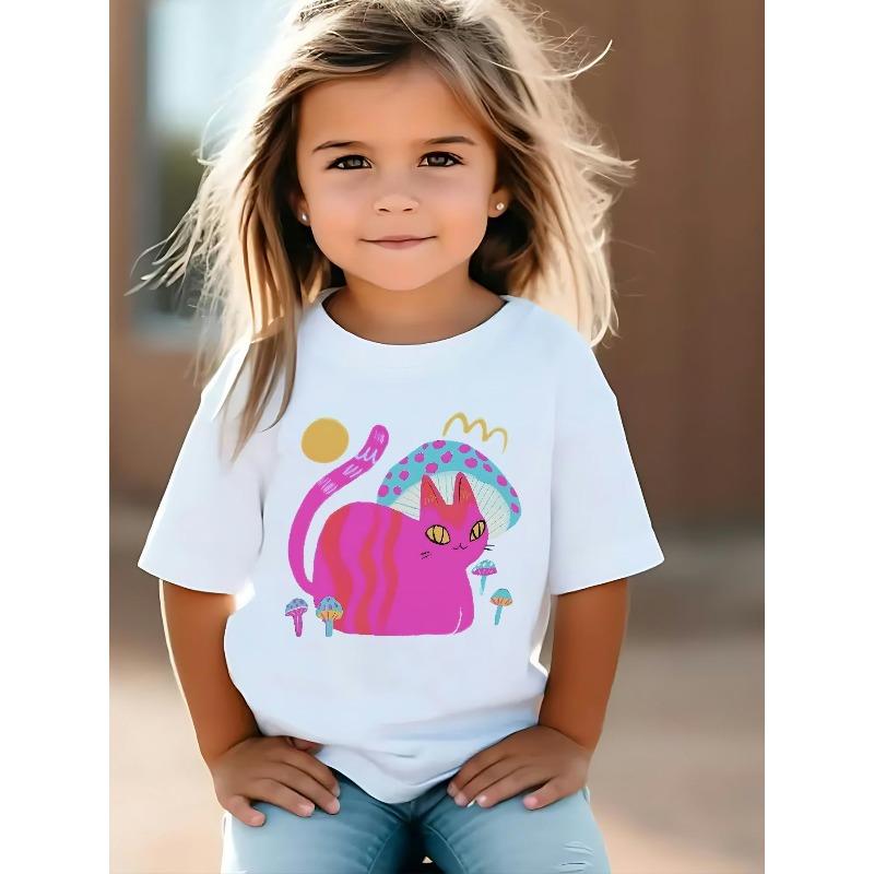 European sizes Artistic Purple Dream Core Kitten Print Pattern. Round-neck Short-sleeve Girls T-shirt, Available in Black and White, Standard Fit 110 белый