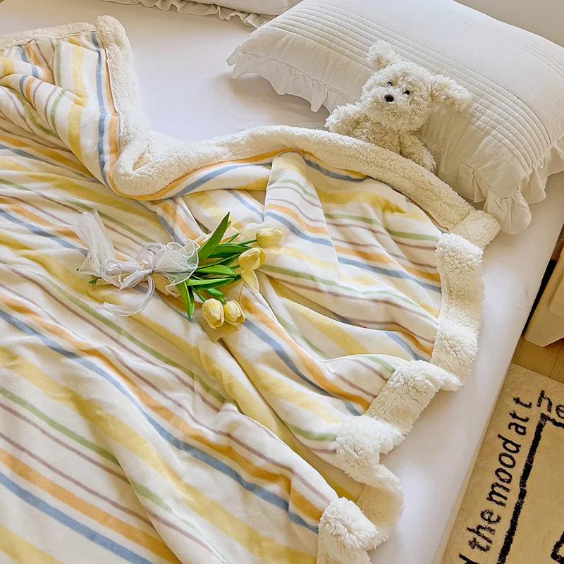 2025 New Striped Milk Fleece Double Blanket Warm Thickened Coral Fleece Office Nap Blanket