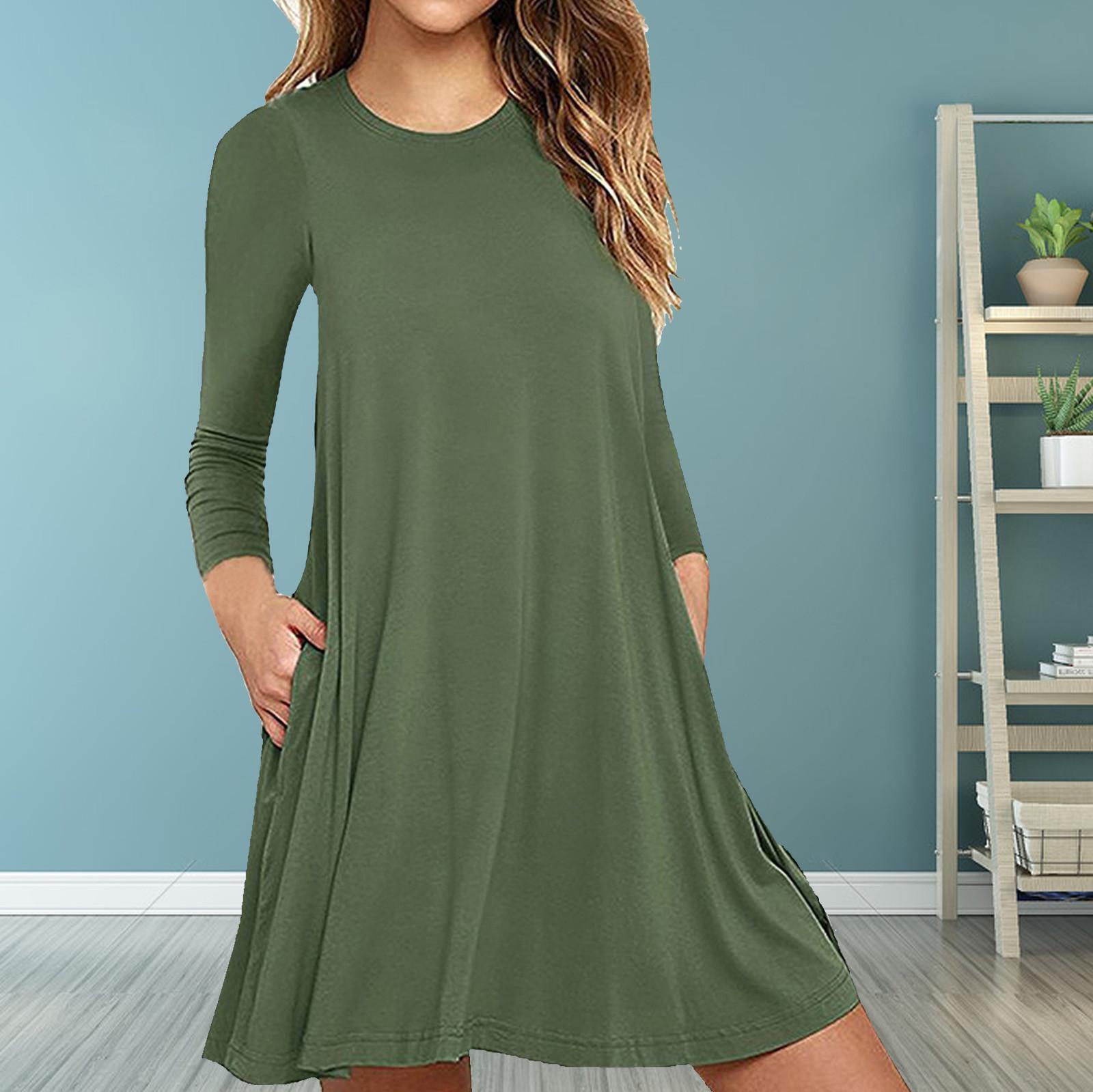 

Ladies Fashion Casual Long Sleeve Color Loose T-shirt Dress with Pockets XL зелений