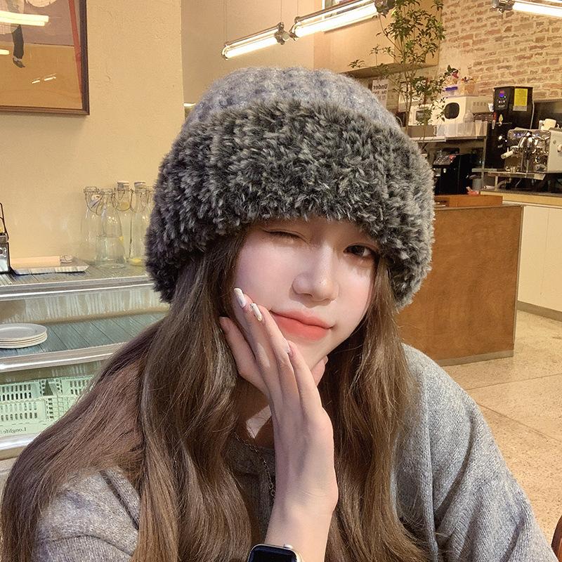 Plush knitted hat women's autumn and winter new big head circumference versatile wool hat showing small face thickened warm hat